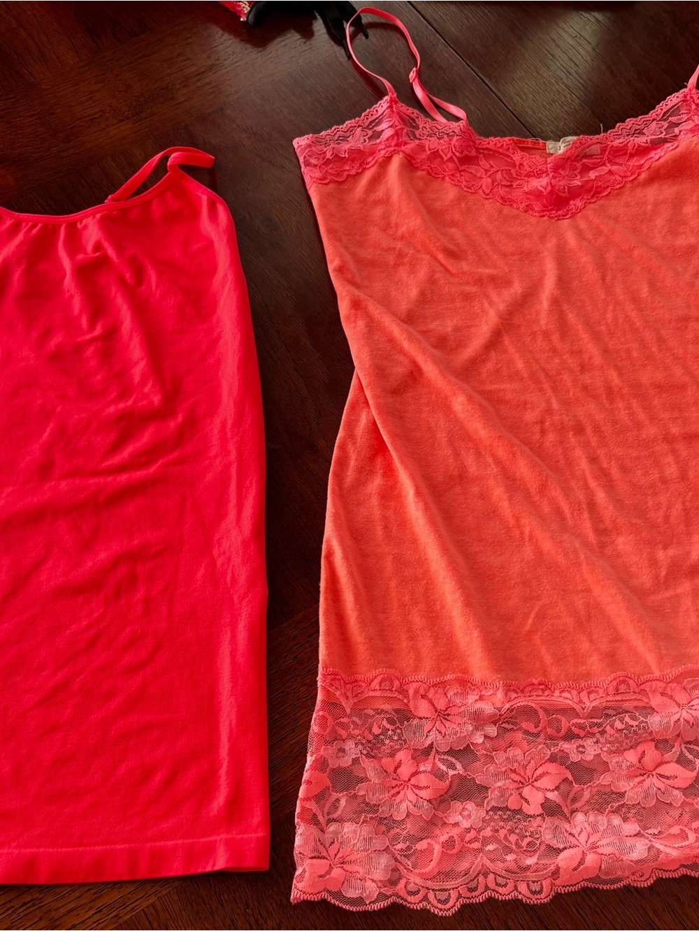 Lace Hem Camisole & Bright Tank Top - Coral/Pink